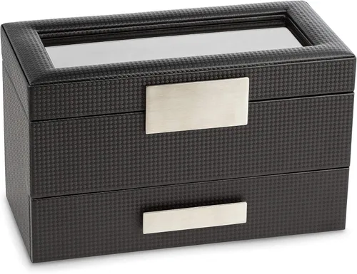 Vista 3 de Glenor Co Valet - Caja de reloj de joyería para hombres organizador moderno de textura de fibra de carbono con parte superior de cristal cajón