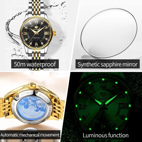 Vista 5 de OLEVS Reloj automático para mujer, de lujo, con cuerda automática, de diamante, de acero inoxidable, de fase lunar, impermeable, esfera azul luminosa