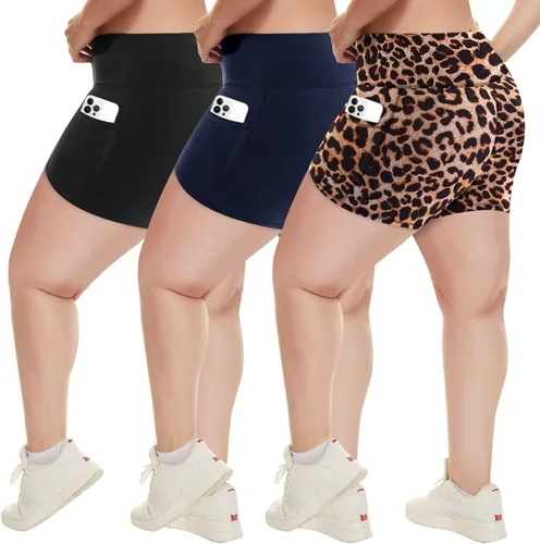 Vista 11 de HLTPRO 3 Pack Plus Size Biker Shorts for Women, Pocket & No-Pocket Options Negro/Beige Rosa/ Gris