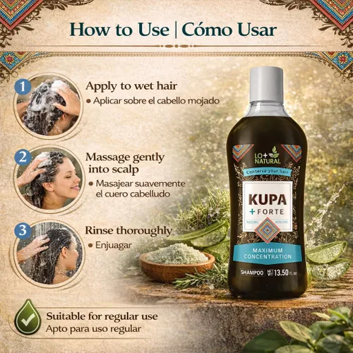 Vista 6 de Champú KUPA + FORTE con romero y aloe vera, 13.5 onzas líquidas, fórmula inspirada en huichol a base de hierbas, limpieza profunda y cuidado