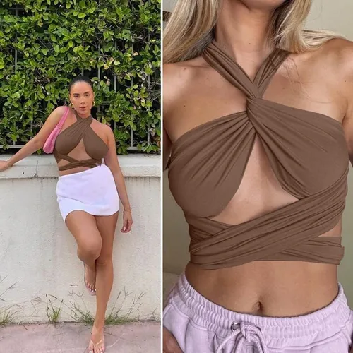 Vista 6 de ZAFUL - Ombliguera cruzada estilo halter de tejido acanalado para mujer camiseta sin mangas tipo con diseño fruncido y con lazos