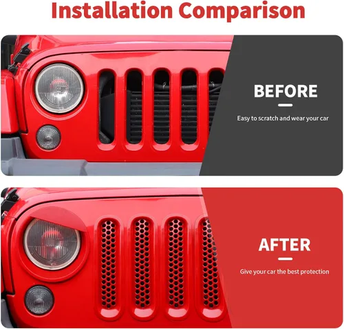 Vista 2 de Mesh Grille Grill Insert+ Headlight Turn Light Cover Trim Fit for 2007-2018 Jeep Wrangler JK JKU Style A(Red)