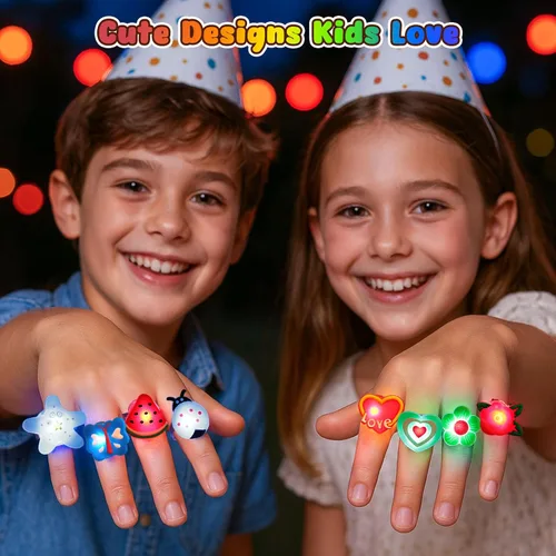 Vista 3 de LovesTown 50 anillos de luz LED, juguetes iluminados para niños que brillan en la oscuridad, suministros de fiesta intermitentes para recuerdos