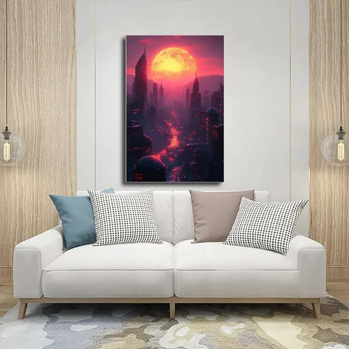 Vista 5 de Retro Futuristic City Poster – Neon Skyline Wall Art for Sci-Fi And Synthwave Decor Poster Print for Teen Boys Room Wall Art Canvas Painting Print