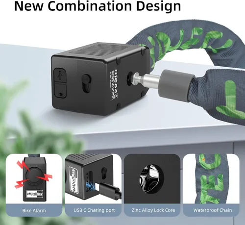 Vista 4 de Candado de cadena para bicicleta con alarma E Scooter Lock alarma antirrobo 110dB 4ft seguridad resistente con cable USB C y 3 llaves para Verde