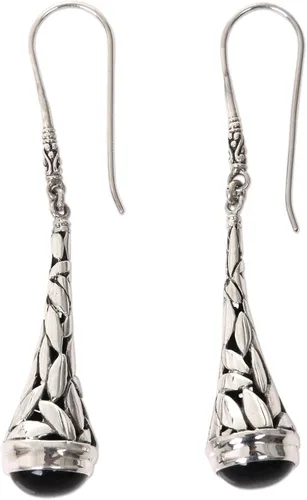 Vista 2 de NOVICA Aretes colgantes hechos a mano de plata de ley 925 de Indonesia con piedra preciosa negra metálica y piedra natal del árbol 2.5 pulgadas