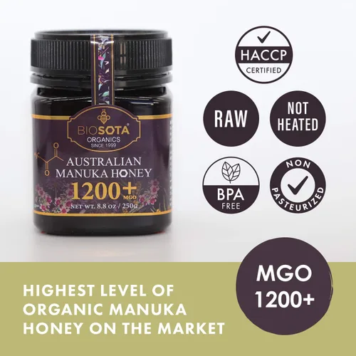 Vista 2 de BIOSOTA Miel de Manuka orgánica MGO 1200+ - Miel de Manuka de grado médico de Australia NPA/ULF 25+, miel pura 100% cruda sin calentar, 8.8 oz