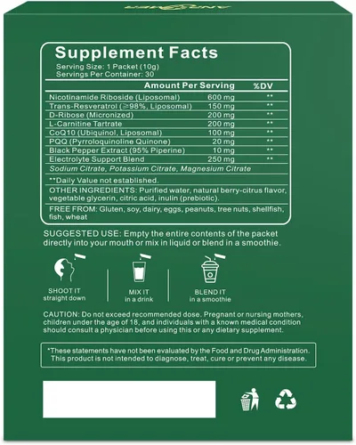 Vista 8 de Suplemento NAD con ribósido liposomal de nicotinamida 600 mg, resveratrol, CoQ10, PQQ y D-ribosa, mezcla de electrolitos, 30 paquetes líquidos