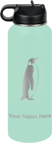 Vista 77 de LaserGram Botella de agua personalizada, pingüino, acero inoxidable de doble pared aislada al vacío con popote superior, regalo grabado