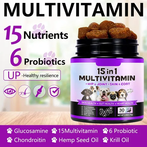 Vista 5 de Multivitamínico masticable para perros, vitaminas y suplementos diarios para perros, suplemento diario completo 15 en 1 con glucosamina