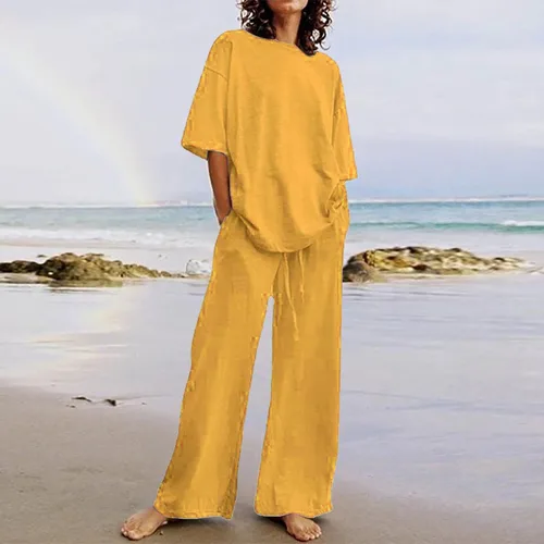 Vista 18 de Conjuntos de verano de 2 piezas para mujer, conjuntos elegantes y casuales de color liso, para verano, otoño, cuello redondo, tops y pantalones