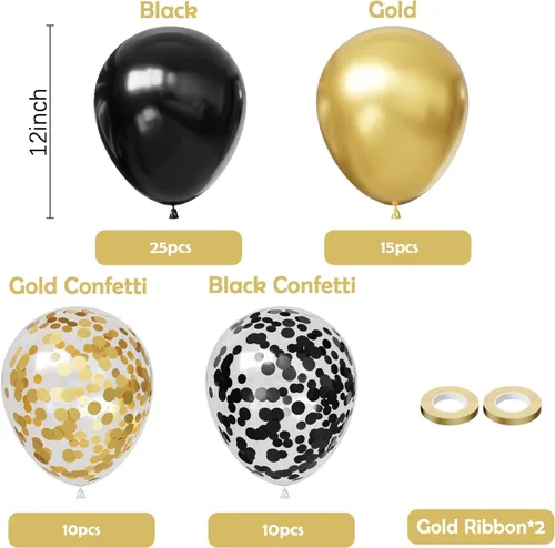 Vista 2 de Hiquaty Globos negros y dorados, 60 globos negros, globos dorados de 12 pulgadas, globos de confeti negro y dorado con cinta dorada para decoración