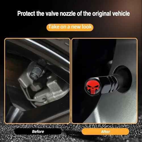 Vista 3 de TimNas 4 tapas de válvula de neumático de automóvil con forma de calavera, cubiertas de metal para sellar válvulas de polvo, tapa de núcleo
