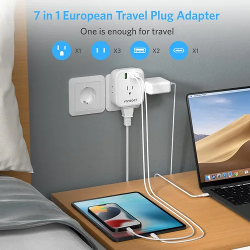 Vista 2 de [Paquete de 2] Adaptador de enchufe de viaje europeo, adaptador de enchufe internacional con USB C de 20 W, 4 tomas de corriente, 3 puertos de carga