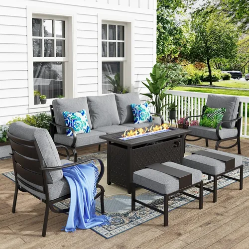 Vista 36 de MFSTUDIO Juego de 4 piezas de conversación para patio, marco de metal para todo tipo de clima, muebles de exterior con 1 mesa rectangular de propano