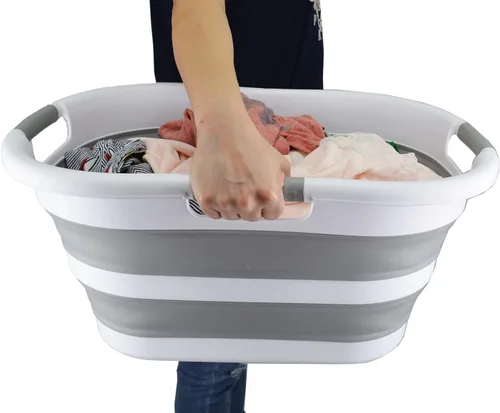Vista 7 de SAMMART Cesta plegable de plástico para la ropa sucia de 40 L (10.5 galones), contenedor de almacenamiento plegable y organizador, tina de lavado