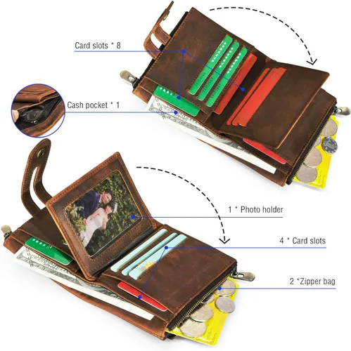 Vista 5 de Genuino caballo loco cuero viaje regalo moneda bolsillo tarjeta caso largo organizador cadena Rfid monedero con broche para hombres hombres 1803