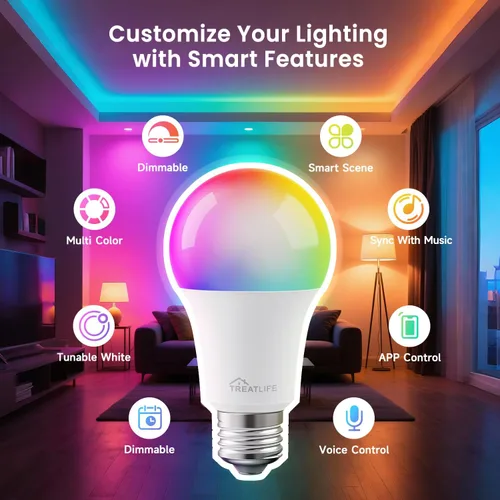 Vista 3 de TREATLIFE Bombillas inteligentes, bombilla LED inteligente A19 con certificación UL, WiFi Bluetooth que cambia de color, bombilla inteligente LED