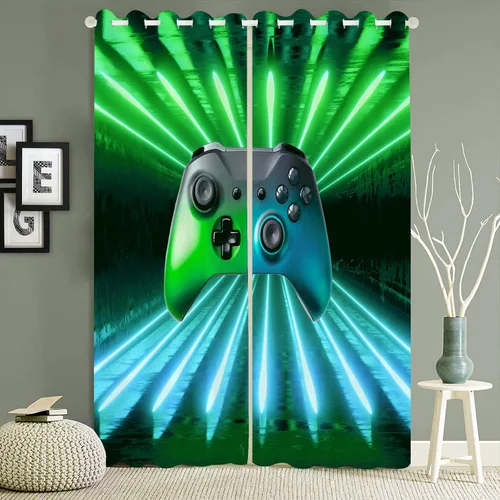 Vista 4 de Cortinas de ventana de gamepad verde y azul, cortinas modernas para ventana de jugador, tratamiento de ventana de juegos para jugadores, aislamiento