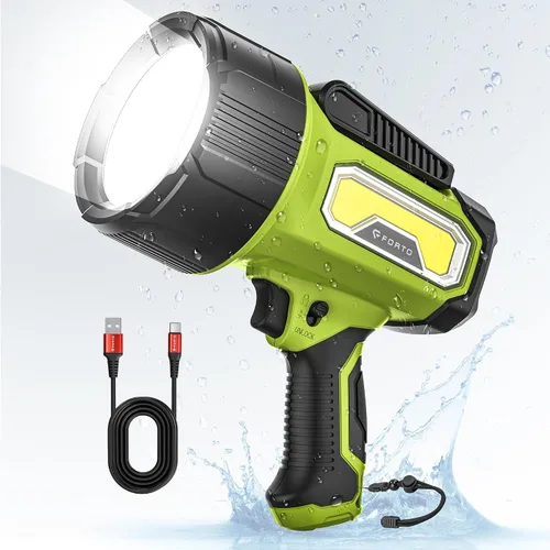 Vista 10 de FORTO Foco recargable, 200000 lúmenes, luz de mano con soporte plegable, 6 modos IPX7, impermeable, luces LED para pasear al perro, caza, camping