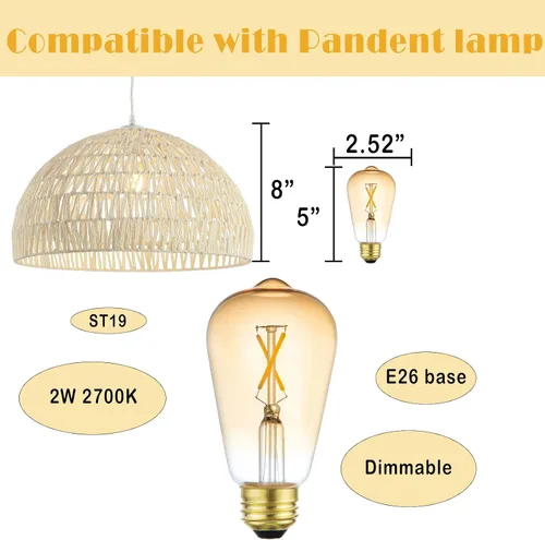 Vista 2 de Bombillas LED regulables Edison de 2 W, 2700 K blanco cálido (vidrio ámbar) ST19/ST58, base E26, paquete de 2