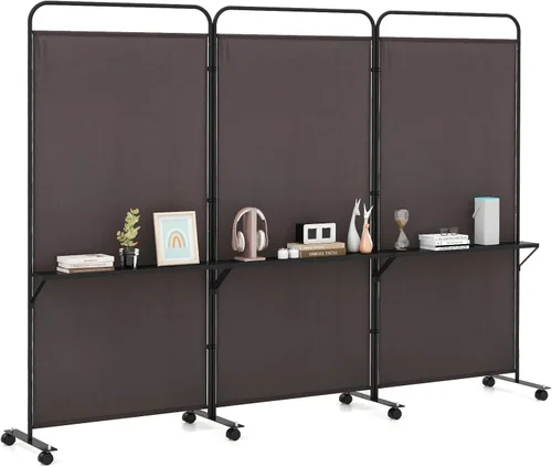 Vista 12 de GOFLAME Divisor de habitación de 3 paneles con estantes de almacenamiento, pantalla de privacidad plegable de 6 pies con ruedas bloqueables, divisor