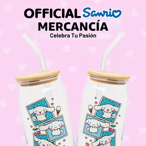 Vista 6 de Silver Buffalo Sanrio - Vaso de vidrio de Hello Kitty y sus amigos con polaroids de Cinnamonroll, con tapa de bambú y sorbete de vidrio, 16 onzas