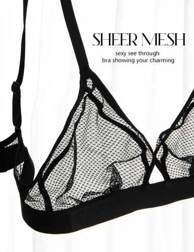 Vista 7 de Wingslove Sujetador de encaje sexy para mujer, de malla transparente, sin forro, sin alambre, triángulo, transparente