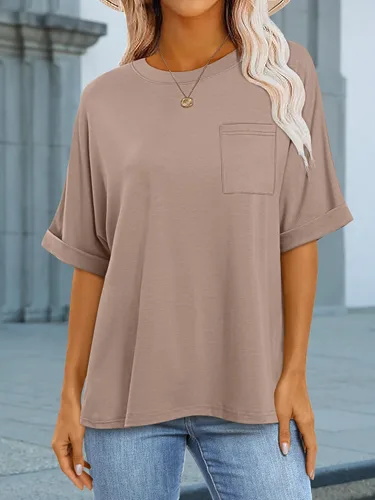 Vista 6 de ANRABESS - Camiseta de manga corta para mujer, estilo oversized, casual, suelta, básica, para verano, con bolsillo Caqui