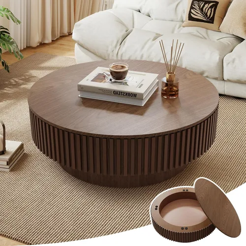 Vista 11 de Mesa de café redonda de 80 cm en madera, mesa de café circular moderna y única, mesa auxiliar contemporánea de roble con forma de tambor y acento