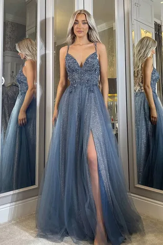 Vista 2 de Vestidos de fiesta de tul con purpurina, apliques de encaje, cuello en V, vestidos largos de noche con tirantes delgados, con abertura