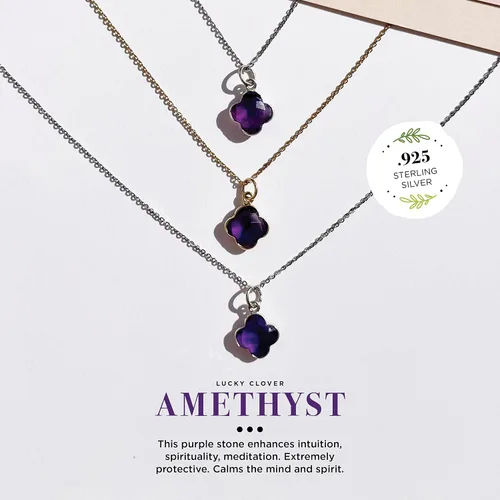 Vista 3 de Genuine Gemstone Necklace, Carved Four Leaf Clover Shape, Amethyst, Moonstone, Amazonite, Tourmaline, Labradorite, 925 Sterling Silver Jewelry
