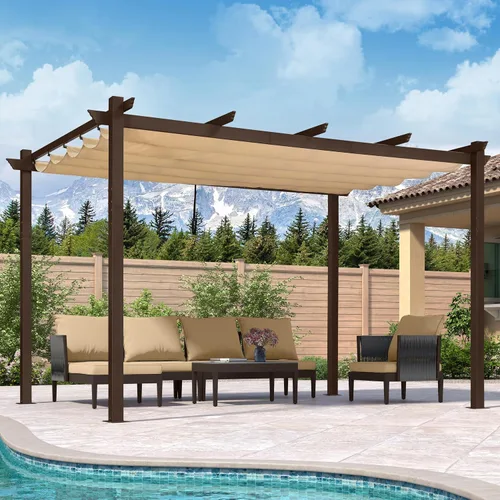 Vista 17 de PURPLE LEAF Pérgola de 10 x 12 pies con toldo retráctil, pérgola cuadrada de bronce de aluminio para patio al aire libre, junto a la piscina, beige