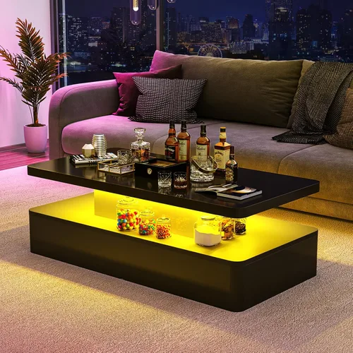 Vista 9 de oneinmil Mesa de centro LED moderna, mesas de sala de estar de 40 pulgadas con luces LED de 16 colores, diseño de doble capa, elegantes mesas