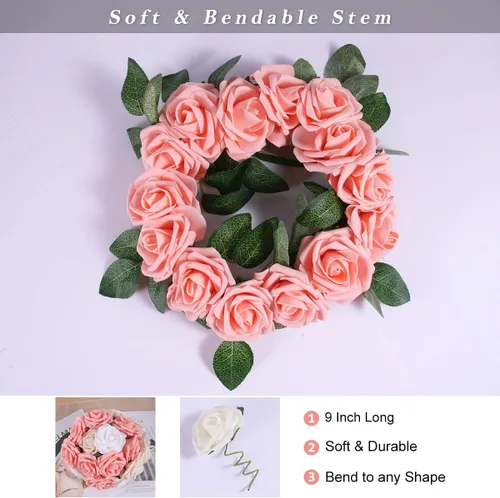 Vista 2 de Flores de rosas artificiales rosas, 56 piezas de espuma con tallo doblable y hojas extraíbles, decoración de rosas de tacto real para bodas, ramos