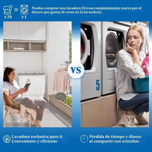 Vista 3 de Erivess - Lavadora portátil de doble tina de 18 libras con estante de secado y 10 perchas, lavadora mini compacta de 11 libras con centrifugadora