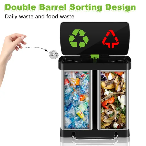 Vista 3 de Basurero de cocina de acero inoxidable de 16 galones/60 litros con tapa y doble barril, cubo de basura clasificado de alta capacidad para reciclaje
