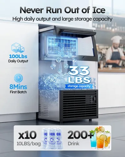 Vista 2 de Mojgar Máquina comercial para hacer hielo, 100 libras/24 horas con almacenamiento de hielo de 33 libras, máquina de hielo debajo de la encimera