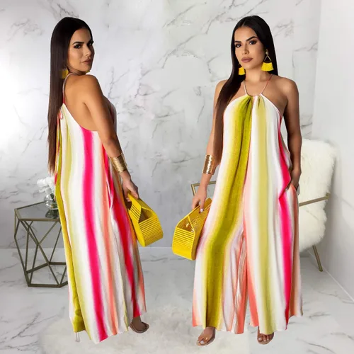 Vista 4 de BestGirl Overol casual suelto para mujer, talla grande, estampado de rayas, tirantes delgados, pantalones de pierna ancha con bolsillos