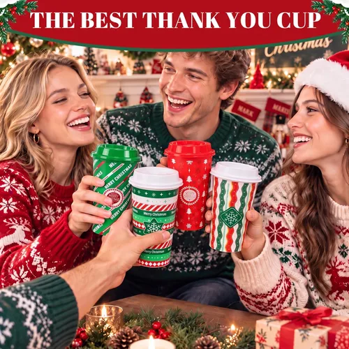 Vista 5 de Yungyan Paquete de 12 tazas de café navideñas con tapas, vasos