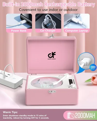 Vista 5 de Reproductor de CD con altavoces estéreo, transmisión inalámbrica de entrada/salida Bluetooth, batería recargable, reproductor de CD retro USB