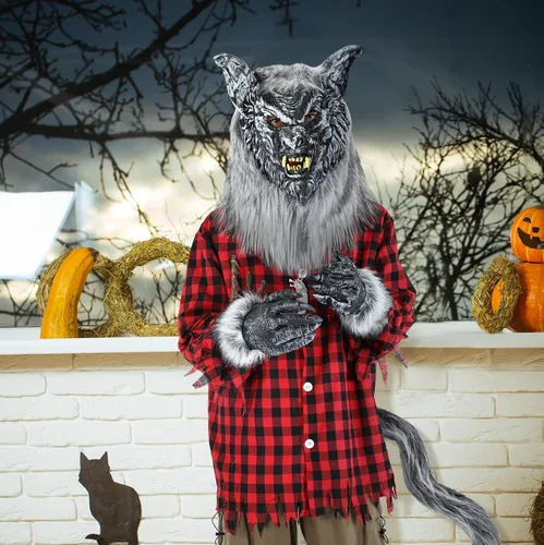 Vista 4 de Juego de 6 piezas de disfraz de hombre lobo de Halloween, máscara de cabeza, cola de lobo de piel sintética gris, collar, guantes para adultos