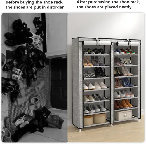 Vista 4 de JIUYOTREE Zapatero organizador de 7 niveles con cubierta a prueba de polvo, estante de armario con capacidad para hasta 28 pares para puerta, Gris