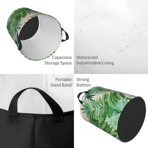 Vista 4 de Cesta de lavandería con hojas de palmera, organizador circular con asas para baño, dormitorio