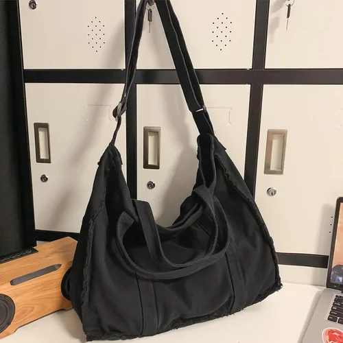 Vista 3 de Micmores Bolso de mano para mujer, bolso retro estilo hobo cruzado, bolso grande de lona para la escuela, trabajo, viajes, compras, Negro -, Moda