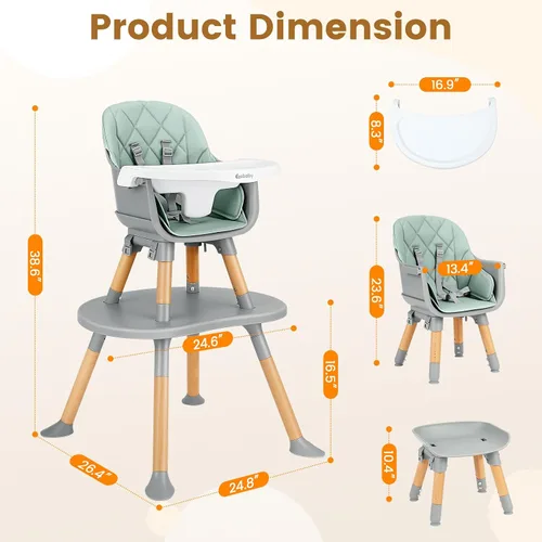Vista 6 de Ezebaby Silla alta convertible para bebé con mesa y asiento, silla de alimentación ajustable 8 en 1, asiento elevador de comedor de múltiples etapas
