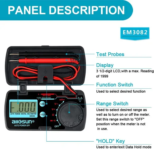 Vista 2 de allsun Mini rango automático plegable multímetro digital probador automotriz AC DC Volt AMP Ohm LCD Voltímetro de viaje Amperímetro probador