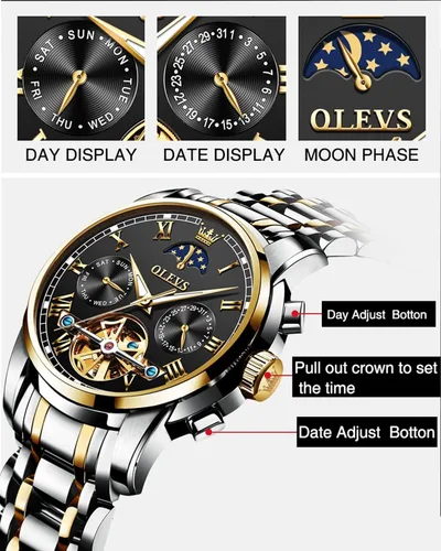 Vista 5 de OLEVS Relojes automáticos para hombre, diseño de esqueleto Tourbillon, cuerda automática, reloj de pulsera de lujo, fase lunar, fecha, impermeable