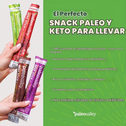 Vista 4 de Paleovalley: Palitos de carne 100% alimentados con pasto – Bocadillo orgánico paleo y keto con probióticos naturales – 40 palitos de carne seca