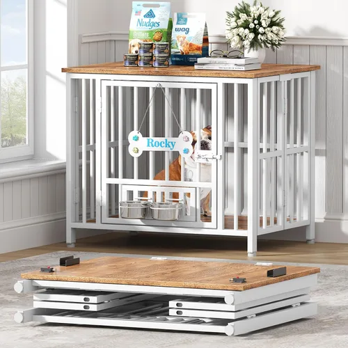 Vista 11 de Easycom 104 cm mueble de jaula para perros plegable, sin ensamblaje perrera decorativa para interior, jaulas para perros grandes (15.9-27.2 kg)